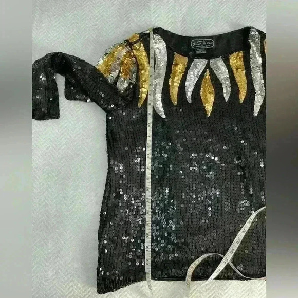 Vintage Sequin Jean for Joseph Le Bon 100% Silk Black, Silver Gold Holiday Paris - Picture 6 of 7